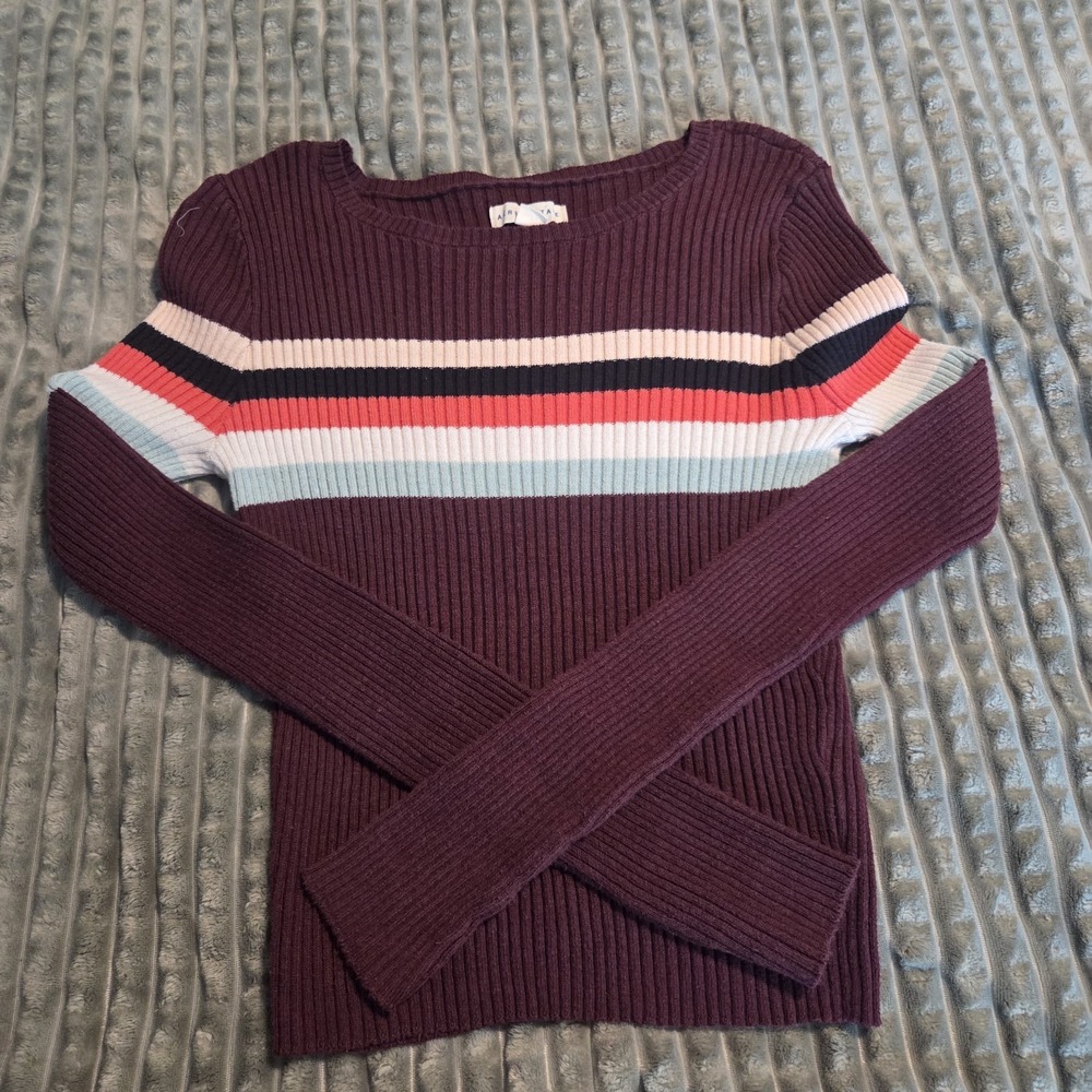 VTG Aeropostale Ribbed Knit Sweater M Burgundy Multicolor Chest Stripe Y2K
